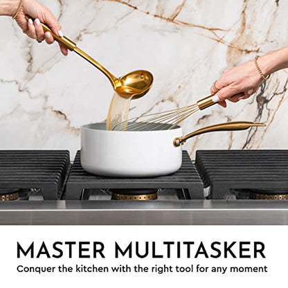 Styled Settings White and Gold Kitchen Utensils Set with Holder, 7-Piece | Silicone Cooking Tools with Gold Utensil Holder - Luxury Kitchen Accessories for Stylish Cooking and Serving - color: 7 Piece White & Gold