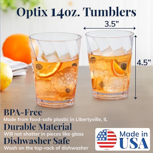 US Acrylic Optix Plastic Reusable Drinking Glasses (Set of 8) 14oz Rocks Cups in Clear | BPA-Free Tumblers, Made in USA | Top-Rack Dishwasher Safe - size: 14 ounces