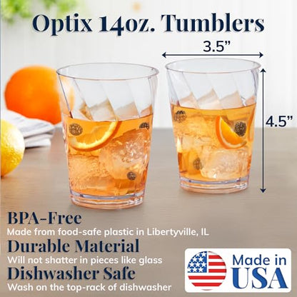 US Acrylic Optix Plastic Reusable Drinking Glasses (Set of 8) 14oz Rocks Cups in Clear | BPA-Free Tumblers, Made in USA | Top-Rack Dishwasher Safe - size: 14 ounces
