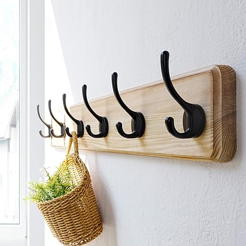 Coat Rack Wall: 24" Long, Patented, Heavy-Duty, 6-Double-Hooks Wooden Wall Mounted Coat Rack Coat Hanger Hook Rail for Winter Coats Hat Jacket Clothing, Light Brown, Pack of 2 - color: Light Brown & Black, size: L=24"(2pcs)