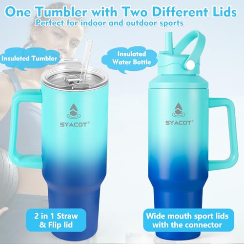 40 oz Tumbler with Handle and Straw or Convert to 40 oz Insulated Water Bottle Fits in Cup Holder. Stainless Steel Metal Water Flask with 2 Lids for Travel,Camping,Gym Sports Coffee Mug Thermal Cup - color: Green Blue Gradient