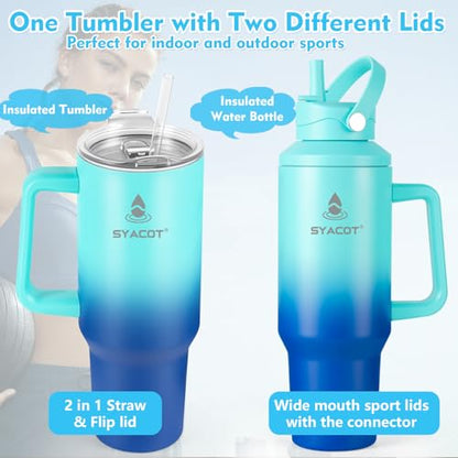 40 oz Tumbler with Handle and Straw or Convert to 40 oz Insulated Water Bottle Fits in Cup Holder. Stainless Steel Metal Water Flask with 2 Lids for Travel,Camping,Gym Sports Coffee Mug Thermal Cup - color: Green Blue Gradient