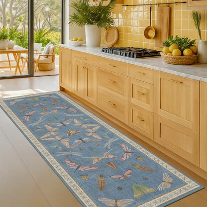 Boho Non Slip Kitchen Rug Runner - 2x5 Blue Washable Thin Rug for Bathroom, Laundry Room, Hallway, Non Slip with Rubber Backing, Insect Print Unique Runner - color: Blue, size: 2' x 5' (Runner)
