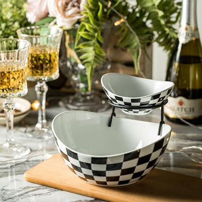 Miamolo Tiered Serving Bowls, Chip and Dip Serving Set, Hosting Essentials | Serving Platters and Tray for Appetizer, with Removable Stand, Party Entertaining, Black White Checkered, Microwave Oven Safe - color: Black and White Pattern, size: 2-Tier Set (