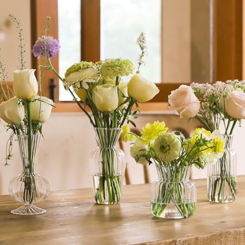 12 Pcs Ribbed Glass Bud Vases Set, 4 Styles Clear Small Flower Vases | Mini Vases in Bulk, Roman Column Vertical Ribbed Design for Wedding, Home Decor, Table Centerpieces, Party