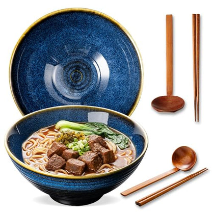 8 Inch Ceramic Ramen Bowl Set of 2, 40oz Japanese Bowls with Spoons & Chopsticks,Durable,Microwave & Dishwasher Safe,Perfect for Ramen,Pho,Salad,Soup,Noodles，Mixing bowls（Blue Topaz） - color: Blue Topaz
