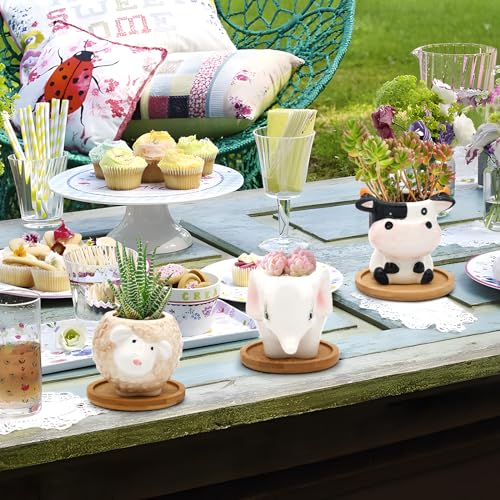 Photken Small Ceramic Succulent Pots - 6 Pack 3" Cartoon Animal Shape Planters Indoor & Outdoor with Drain Holes and Bamboo Tray for Succulents, and Herbs - style: Garden