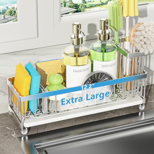 Cisily Extra Large Sink Caddy Organizer with Drying Stone, Silver Sponge Holder for Kitchen, Dish Brush Holder for Countertop, Kitchen Decor Storage and Essentials - color: Silver