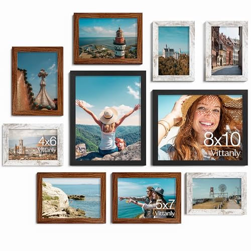 Vittanly 10 Pack Gallery Wall Frame Set, Picture Frames for Wall & Table | Gallery Wall Frame Set: 2pcs 8x10, 4pcs 5x7 & 4pcs 4x6 Photos, made of Engineered Wood, Black, Walnut Brown, Distressed White - color: Black & Walnut Brown & Distressed White