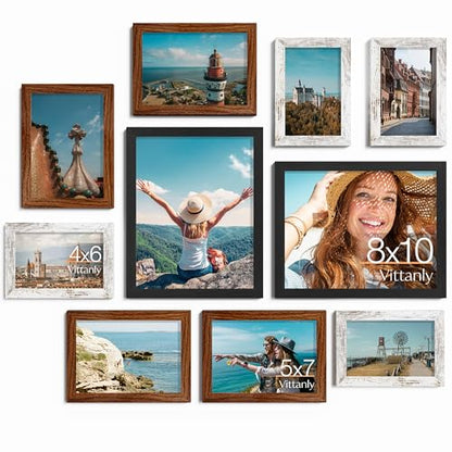 Vittanly 10 Pack Gallery Wall Frame Set, Picture Frames for Wall & Table | Gallery Wall Frame Set: 2pcs 8x10, 4pcs 5x7 & 4pcs 4x6 Photos, made of Engineered Wood, Black, Walnut Brown, Distressed White - color: Black & Walnut Brown & Distressed White