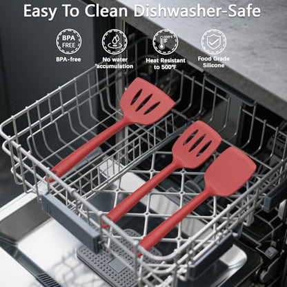 Coukre Silicone Kitchen Cooking Utensils Set, Heat Resistant, 14-Piece | Dishwasher-Safe, Food-Grade Silicone, BPA-Free, Spatulas, Spoons & Turner, Safe for Nonstick Cookware, PureRed - color: PureRed