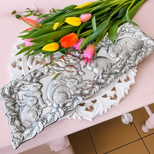 Arthur Court Bunny Oblong Tray - Aluminum Serving Tray with Whimsical Rabbit Motif - Perfect for Easter and Spring Gatherings - 19 x 6 Inches