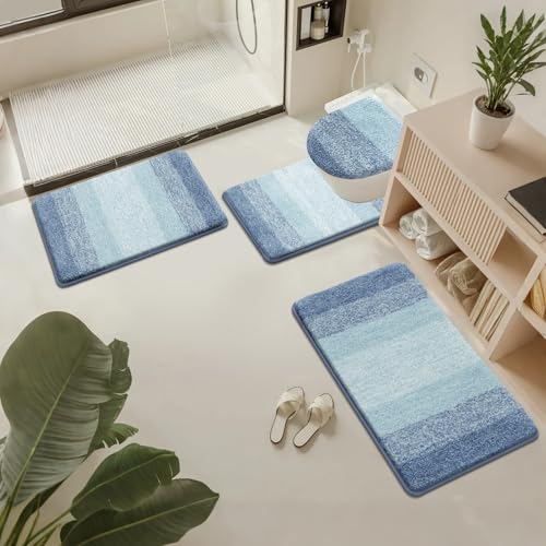 Bsmathom Bathroom Rug Set 4 Piece, Plush Microfiber Bath Mat, Dusty Blue | Super Water Absorbent, Non Slip Machine Washable Bath Rug Sets with Toilet Lid Cover and U-shaped Contour Toilet Mat - color: Dusty Blue, size: 18"x26"+20"x31"+U20"x24"+Cover19"x21