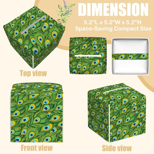 Leather Tissue Box Holder Peacock Feather Tissue Box Cover Facial Paper Case Organizer Cube Napkin Dispenser for Bathroom Vanity Countertop Night Stand Office Car - color: Peacock Feather