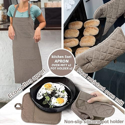 Oven Mitts and Pot Holders with Cooking Apron Set of 5, Heat Resistant Kitchen Gloves and Silicone Non-Slip Potholders, Adjustable Neck Buckle Chef Apron, Cotton Nice Design for Cooking (Coffee) - color: Coffee