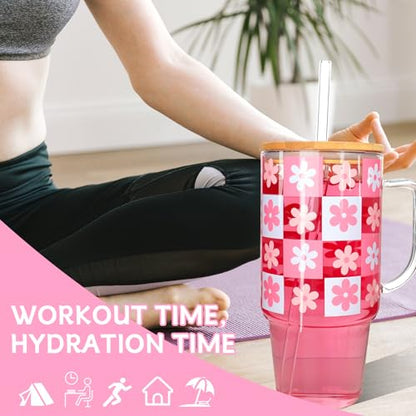 ANOTION Birthday Pink Glass Cup with Handle Gift Box for Women | Coquette Gift Basket for Her, Glass Cup with Handle, Fuzzy Socks, Knitted Coaster, Plush Bouquet - color: Pink-Flower