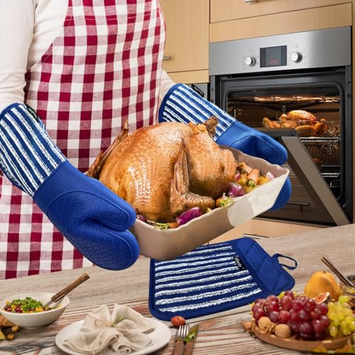 Alselo Silicone Oven Mitts Heat Resistant 932℉ with Waterproof & Non-Slip | Kitchen Mittens Set of 2,Extra Long 7.5"x15" Oven Gloves with Soft Cotton Terry Lining for Baking Cooking BBQ(Cobait Blue,2) - color: Cobait Blue