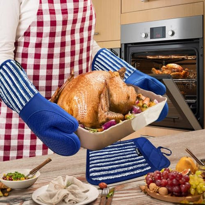 Alselo Silicone Oven Mitts Heat Resistant 932℉ with Waterproof & Non-Slip | Kitchen Mittens Set of 2,Extra Long 7.5"x15" Oven Gloves with Soft Cotton Terry Lining for Baking Cooking BBQ(Cobait Blue,2) - color: Cobait Blue