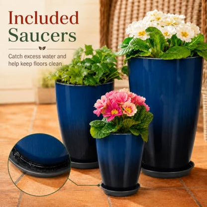 Neoaider Set of 3 Tall Planter, 24/21/12in Large Plastic Planter, Dark Blue | Ceramic-Look, Lightweight, Built-in Drain Hole, Saucers, Tall Outdoor Planter for Porch, Garden, Patio, Balcony - color: Dark Blue