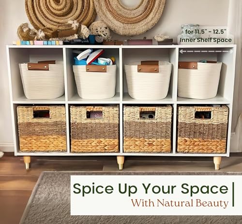 11x11 Wicker Storage Cubes Storage Baskets For Shelves Set 4 | 10.5 x 10.5 Water Hyacinth Storage Baskets Woven With Seagrass, Palm Leaf. Foldable Square Baskets With Carry Handles - size: 10.5x10.5x10.5