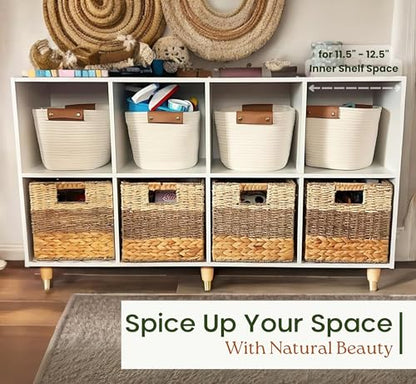 11x11 Wicker Storage Cubes Storage Baskets For Shelves Set 4 | 10.5 x 10.5 Water Hyacinth Storage Baskets Woven With Seagrass, Palm Leaf. Foldable Square Baskets With Carry Handles - size: 10.5x10.5x10.5