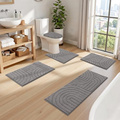 Pauwer Bathroom Rugs Sets 5 Piece, Absorbent Non Slip Bath Mat Set, Grey | Machine Washable, Microfiber Plush, Quick Dry Runner, U Shaped Contour Toilet Rugs, Shower Mats and Toilet Lid Cover - color: Grey