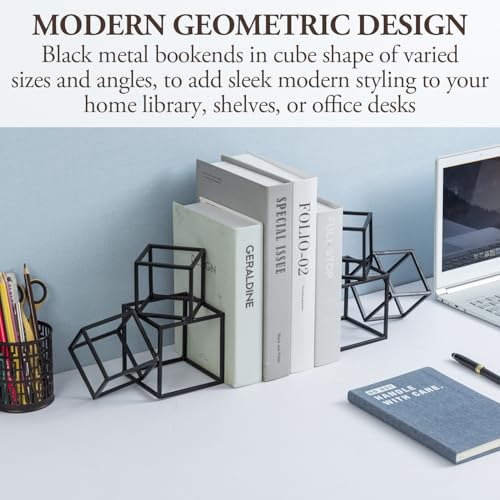 MyGift Modern Black Metal Geometric Bookends, Decorative Book Ends Stands for Home Library Bookshelf Office Desk, 1 Pair, Handcrafted in India, 3 Cube Frame Design