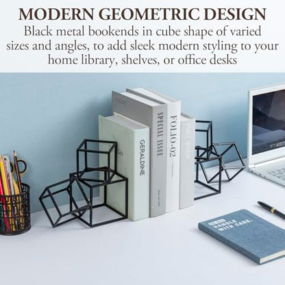 MyGift Modern Black Metal Geometric Bookends, Decorative Book Ends Stands for Home Library Bookshelf Office Desk, 1 Pair, Handcrafted in India, 3 Cube Frame Design