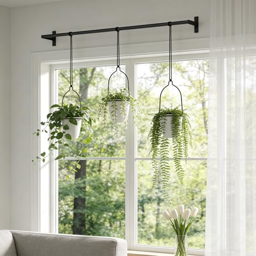 1 Adjustable-Width Hanging Plant Hanger Set Window Sill Hook-Mounted Plant Display Rack Set Indoor Herb Garden Plant Rack Includes 3 White Plant Pots Suitable for Windowsills, Ceilings, and Balconies