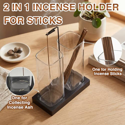 Zhehao 4 Pcs 2 in 1 Incense Holder for Sticks with Glass Ash Catcher Kit, Includes 1 Upside Down Anti-ash Flying Incense Burner 1 Ash Brush and 2 Mats for Meditation, Yoga, Spa, Home Decor