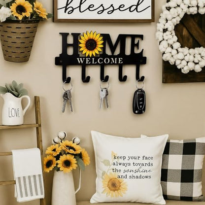 Key Holder Wall Mount Sunflower Metal Key Hooks Organizer Hanger Coat Rack with 5 Hooks Rustic Farmhouse Decorative Welcome Home Wall Decor for Entryway Bathroom Hallway Living Room 9.8 Inch - style: Sunflower