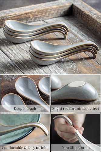 LYEOBOH Ceramic Asian Soup Spoons Set of 6, Ramen Spoons with Long Handle | Japanese Ramen Spoons with Deep Hook Design for Miso Rice, Chinese Soup Spoons for Kitchen, Dishwasher Microwave Safe, Gray - color: Gray