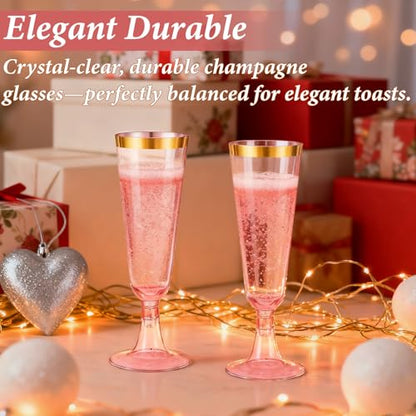 100 Pack Pink Plastic Champagne Flutes with Gold Rim, 5.5 Oz Clear Disposable Plastic Champagne Glasses, Wine Glasses Cups for Wedding Celebration Birthday Party Wine Tasting New Years Eve Supplies - color: Gold Rim Pink, size: 100-Pack