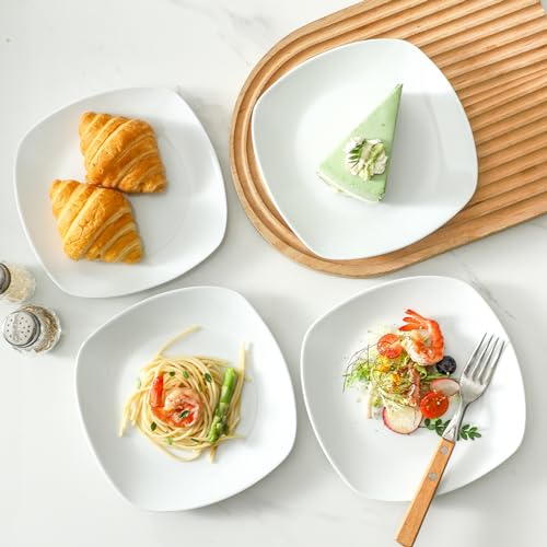fMBB Ceramic White Dinner Plates Set of 4, Porcelain Square 7.5 inch Dessert Dishes, Serving Flat Plates Salad Dishes - Scratch Resistant, Dishwasher, Microwave, Oven Safe - color: Square7.5"