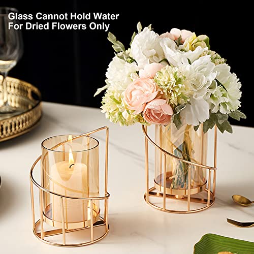Metal Wire Candle Holder Set of 2, Glass Pillar Candle Holders Gold Decorative Tea Light Candleholders for Home Decor Table Decorations Centerpiece