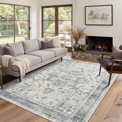 4x6 Vintage Boho Washable Rug for Bedroom(Blue) | Machine Washable, Non-Slip, Stain Resistant Low Pile Carpet with Rubber Backing for Dining Room Kitchen Home Decor - color: Blue & Grey, size: 4' x 6' (Rectangular)