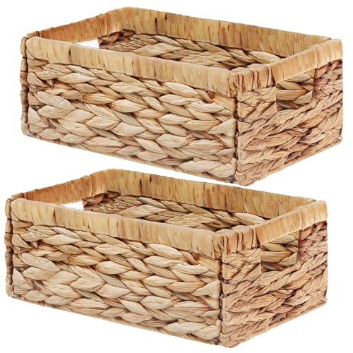 Hand-Woven Small Storage Baskets with Handles, Water Hyacinth Wicker Baskets for Organizing, Decorative Storage Bins for Countertop Toilet Paper Basket for Toilet Tank Top (2 Pack) - color: Water Hyacinth, size: 13.2"D x 8"W x 6.5"H