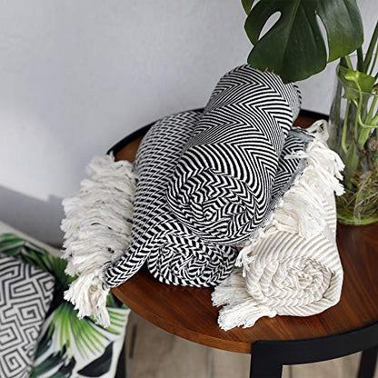 Peshtemania Premium Cotton Light Weight Boho Throw Blanket 50”x60” Gray Black and Off White for Bed Chair Couch Farmhouse Turkish Throws for Sofa Bedroom Outdoor Fall Throw Blanket Yoga Blanket - color: Black