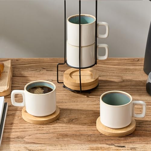 LUKA Porcelain Stackable Espresso Cups with Saucers and Metal Stand, 4 Ounce Small Ceramic Demitasse Cups Set for Latte, Specialty Coffee Drinks, Cafe Mocha,Tea - Set of 4, White Green Interior - color: White-Green