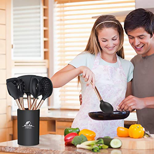 MIBOTE Silicone Cooking Kitchen Utensils Set, Wooden Handle, Coffee | BPA-Free, Non-Toxic Silicone Turner, Tongs, Spatula, Spoon Set – Great for Nonstick Cookware, Heat-Resistant, Easy Clean - color: 1-Copper