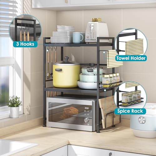 DOLALIKE Microwave Oven Rack, Expandable Microwave Stand Countertop Kitchen Utensils Tableware Storage, Carbon Steel Over Microwave Shelf Countertop with 6 Hooks | Adjustable Microwave Oven Rack Metal Storage Shelf for Pans Small Appliances Kitchen Utensi