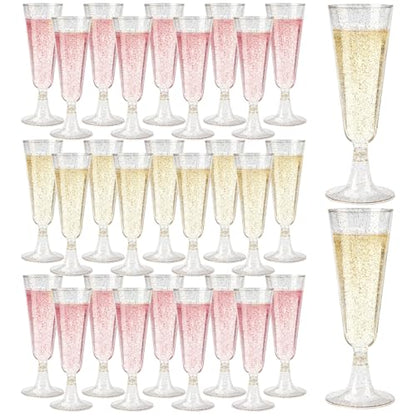 GuanQiao 100 Pack Plastic Champagne Flutes, 5.5 OZ Disposable Plastic Champagne Glasses with Gold Glitter, Wine Glasses Cups for Wedding Celebration Party Wine Tasting New Years Eve Supplies - color: Gold Glitter, size: 100-Pack