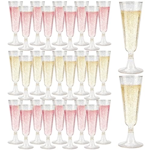 GuanQiao 100 Pack Plastic Champagne Flutes, 5.5 OZ Disposable Plastic Champagne Glasses with Gold Glitter, Wine Glasses Cups for Wedding Celebration Party Wine Tasting New Years Eve Supplies - color: Gold Glitter, size: 100-Pack
