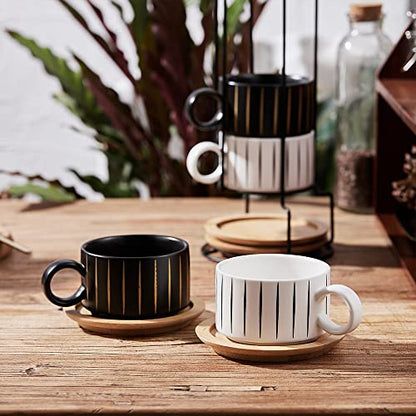 LUKA Porcelain Espresso Cup with Saucer and Metal Stand, 6 Ounce Stackable Ceramic Demitasse Espresso Mugs Cappuccino Cups Set for Latte,Coffee,Cafe Mocha,Tea(Set of 4) - color: Black & White Stripes