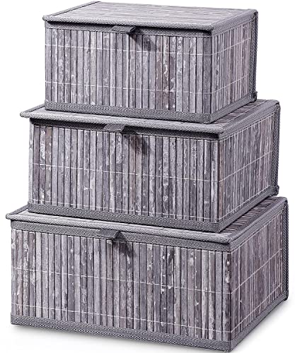 Honygebia Bamboo Decorative Storage Boxes - Set of 3 Woven Lined Storage Basket with Lids, Grey Marble Wicker Lidded Baskets for Home Kitchen Shelf Organizer Decor - color: Gray Marble