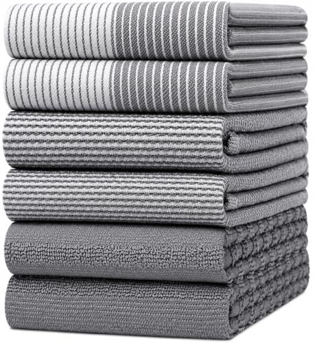 Premium Kitchen Towels 6 Pack 100% Cotton, 20"x28" Dish Towels - Grey | Large Flat & Terry Kitchen Linen Set with Hanging Loops, Highly Absorbent for Washing and Drying Dishes - color: Grey, size: Kitchen Towels - Mixed Styles