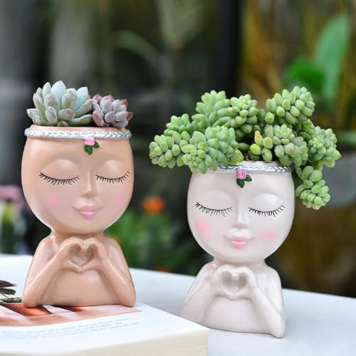 Face Planter Pot with Heart Hands, Unique Resin Head Planter for Indoor Plants, Cute S-ucculent Pots with Drainage Hole, Decorative Makeup Brush Holder for Vanity, for Women - color: Beige+coffee - 2 Pack