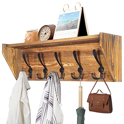 WEBI Wall Shelf with Hooks Underneath,24" Long Wall Mounted Coat Rack with Shelf,5 Triple Hooks,Wall Shelves for Bathroom,Rustic Brown - color: Brown, size: 24 Inch