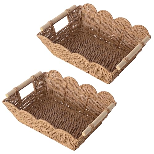Scalloped Basket with Wooden Handle, Water Hyacinth/Seagrass/Wicker Storage Baskets, Hand Woven Baskets for Shelves,Natural Baskets for Organizing (2)