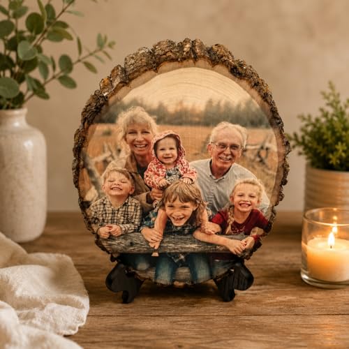 Custom Photo Frame Personalized Photo Prints on Rustic Live Edge Wood | Reclaimed basswood with real bark, optional engraved back message, wall hardware or easel, rustic farmhouse decor